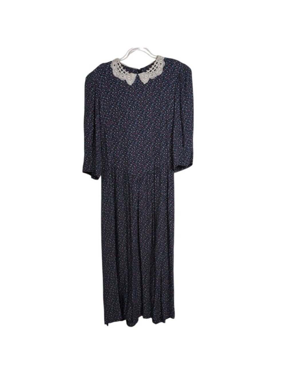 Vintage 90s Ditsy Floral Midi Dress Womens Size Medium Lace Collar Modest Grunge
